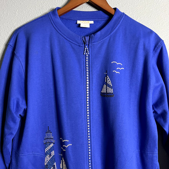 Tia Designs Medium Cotton Jacket Embellished Rhinestones Zip Sailboats Nautical - Picture 2 of 15